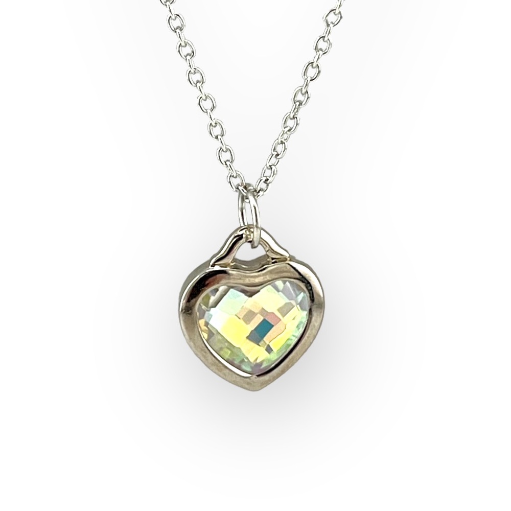 Swarovski Crystal Aurora Borealis Heart Necklace Rhodium Overlay